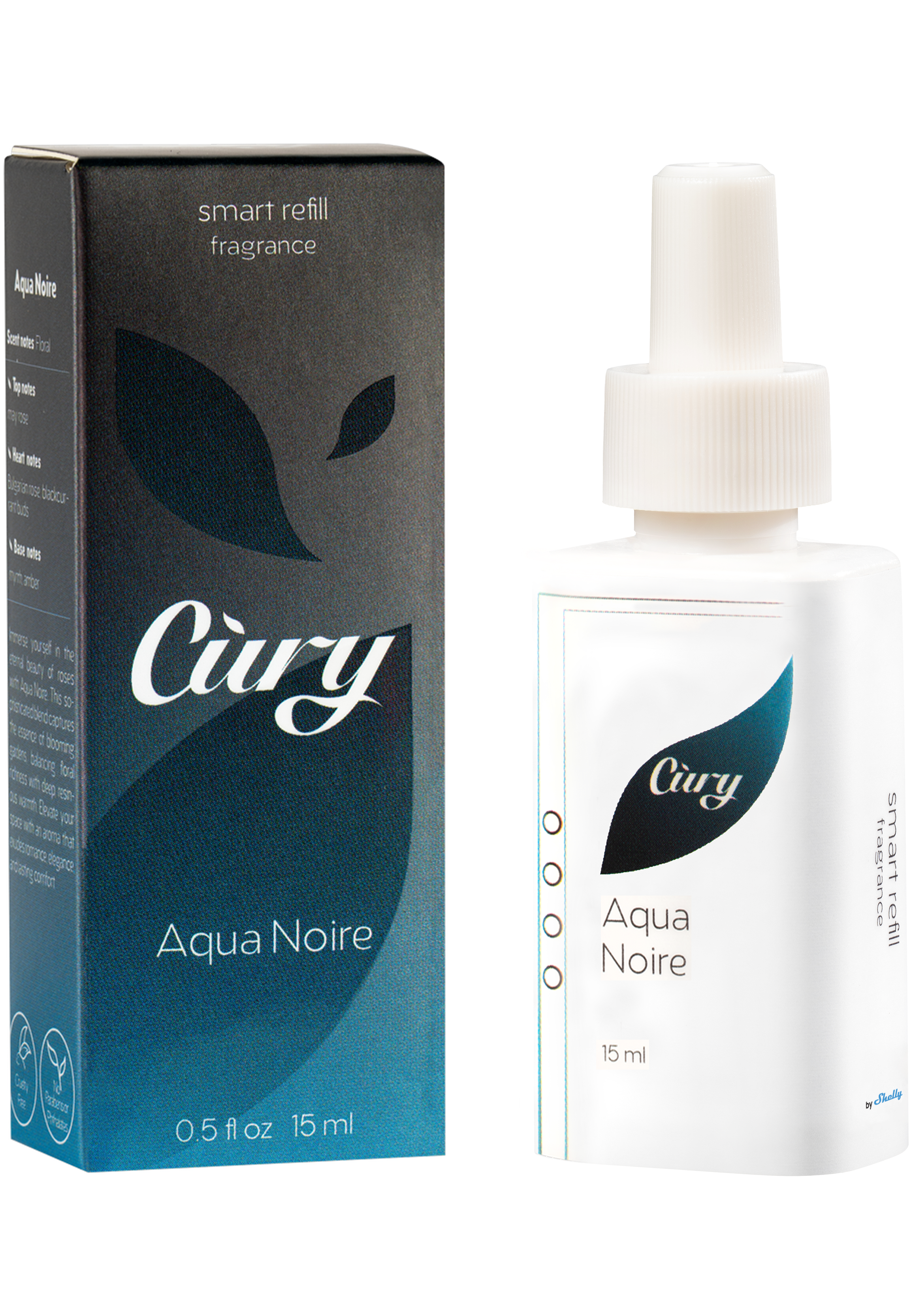 A 15ml Cury Aqua Noire smart refill fragrance bottle with a dropper cap stands next to its matching blue and black box, both featuring a leaf design and the product name.