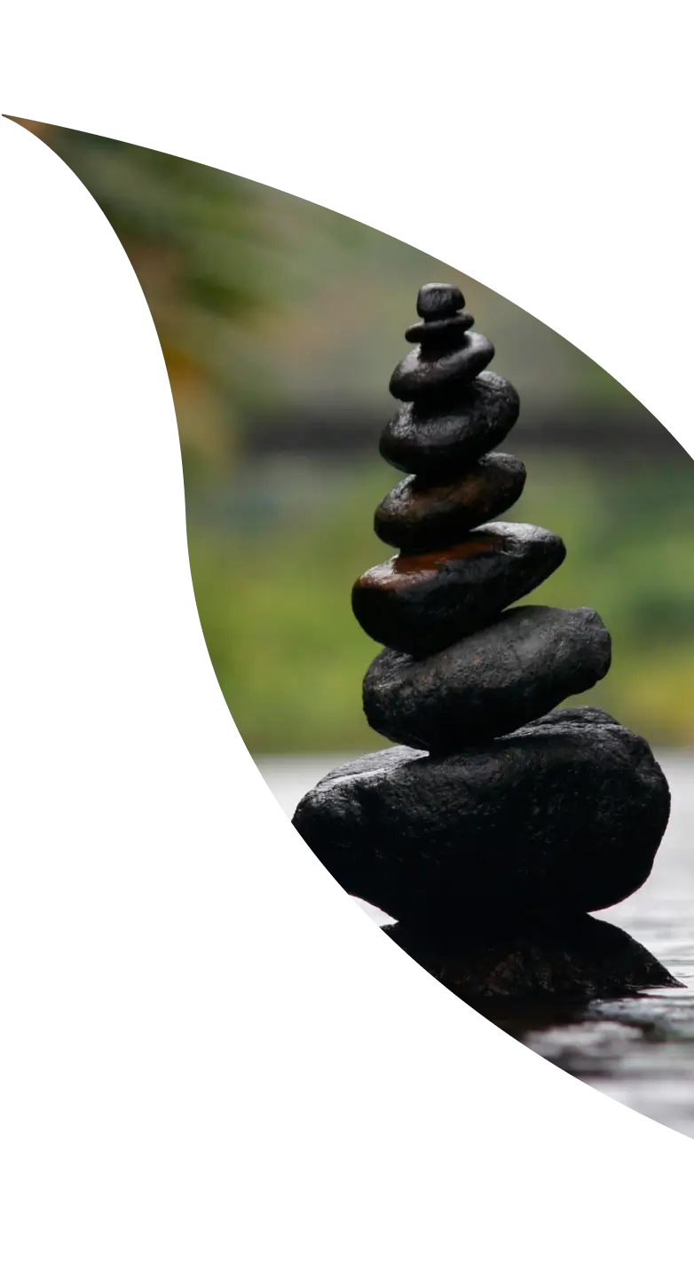 A stack of smooth black stones balanced on top of each other, set against a blurred green background, framed by a white curved border on the left side.