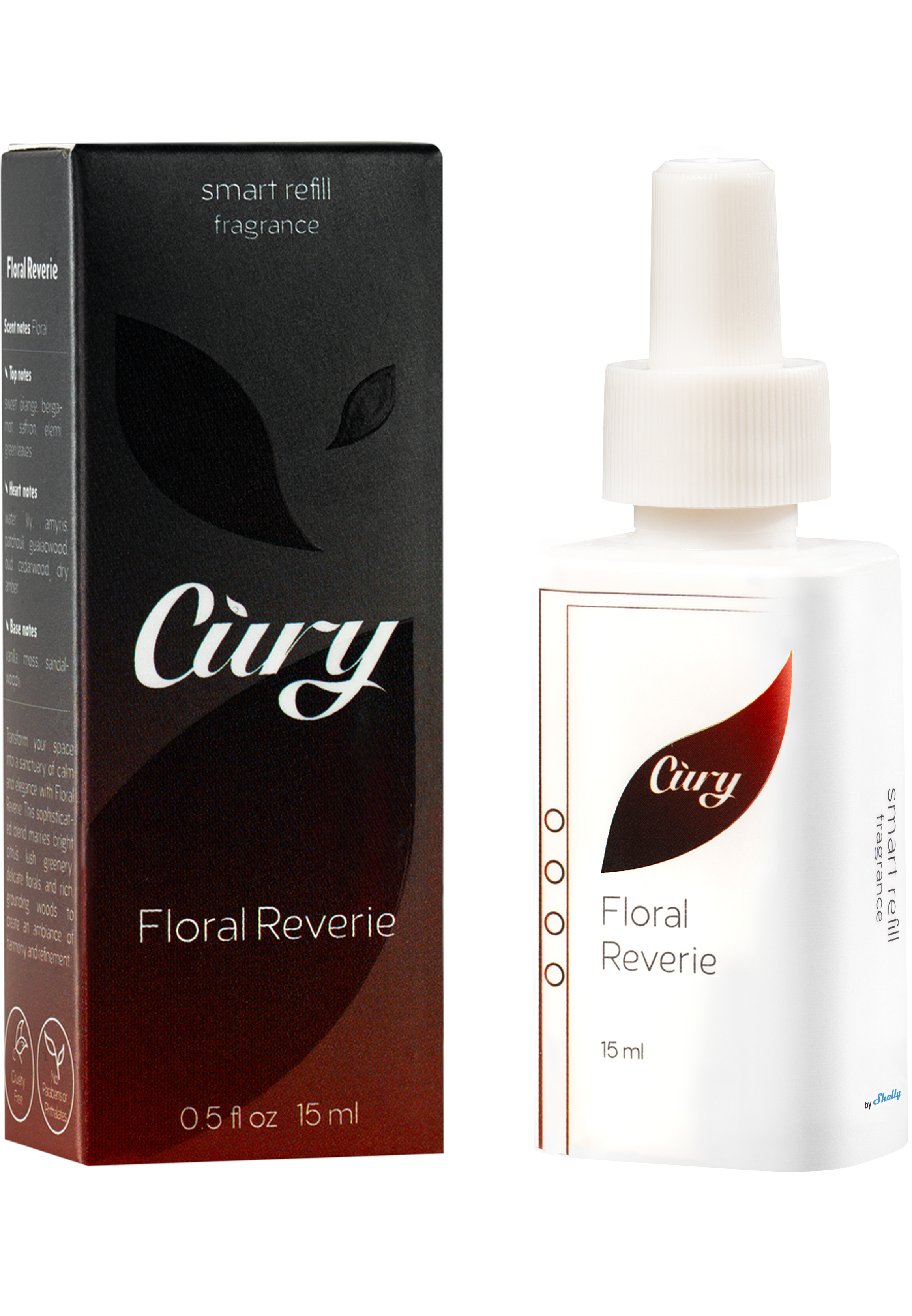 A 15ml Cury Floral Reverie fragrance refill bottle with a white label and dropper, shown next to its black and red retail box featuring a floral design.