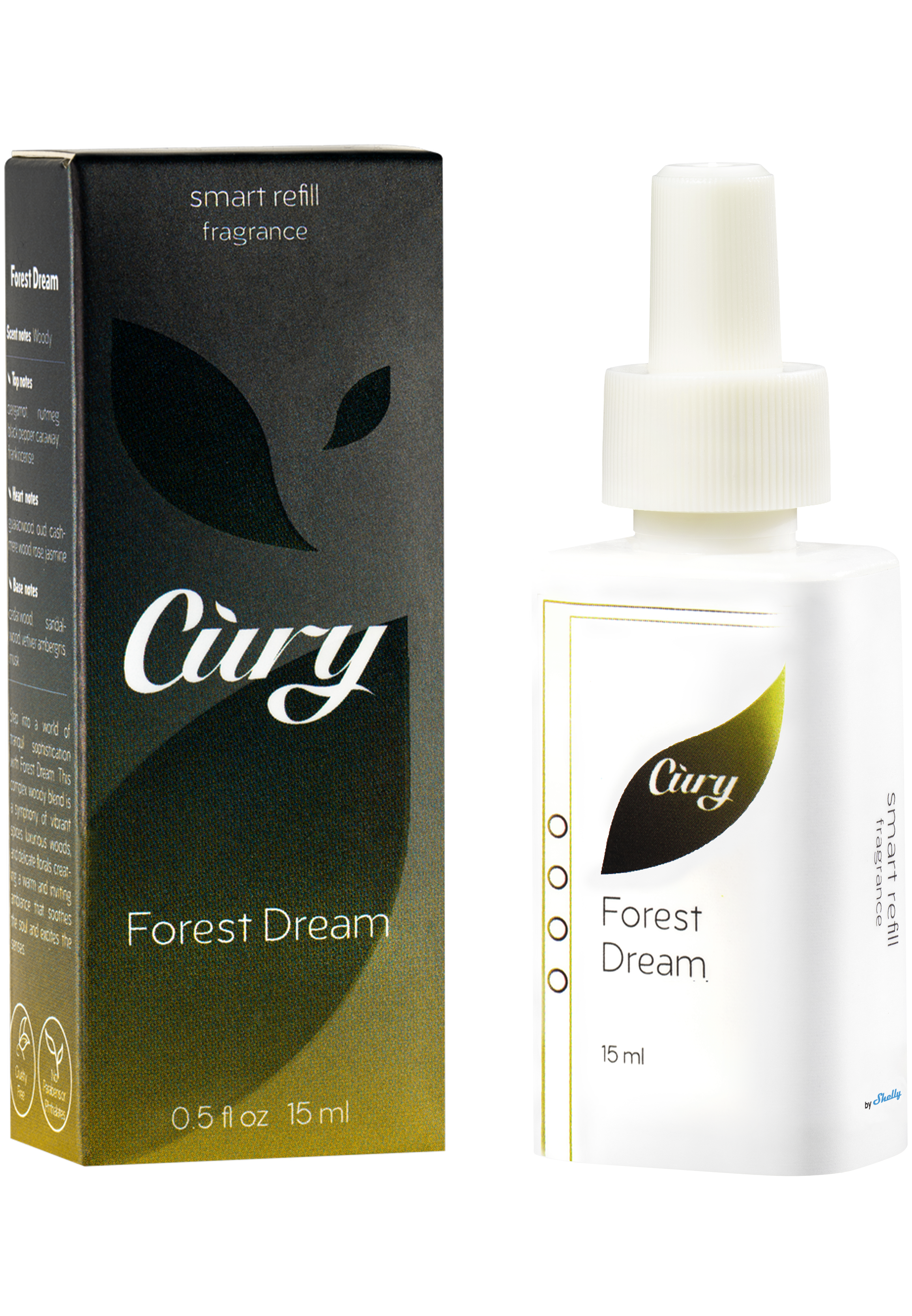 A 15 ml Curv Forest Dream smart refill fragrance bottle and its black and green packaging, featuring a leaf design and white text. The product is for home scent diffusers.