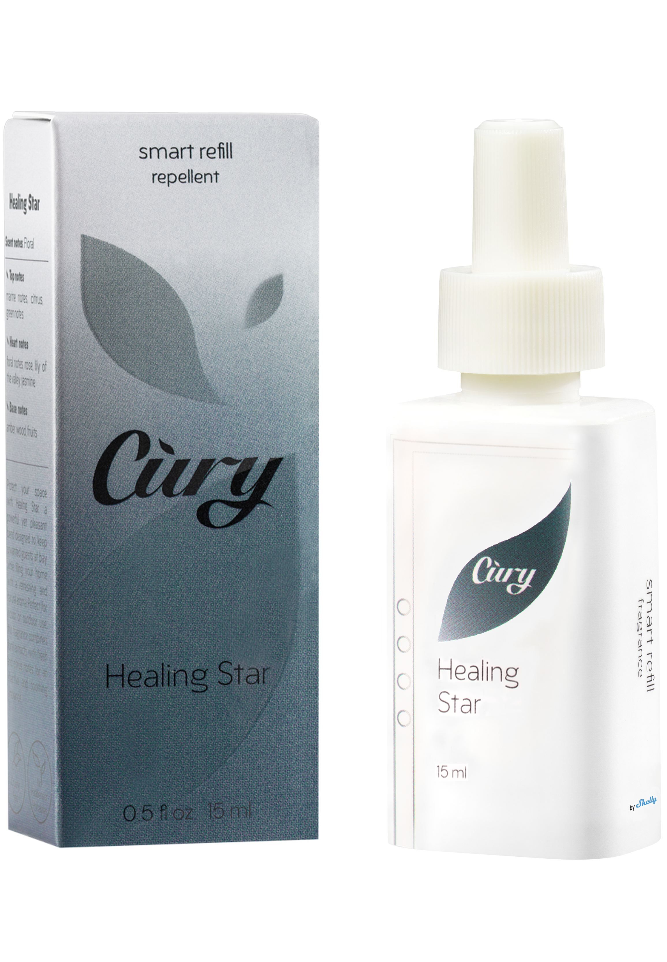 A 15ml Ciry Healing Star smart refill repellent, shown with its box on the left and the bottle with a white cap on the right. The packaging features a leaf design and minimalist gray-white colors.