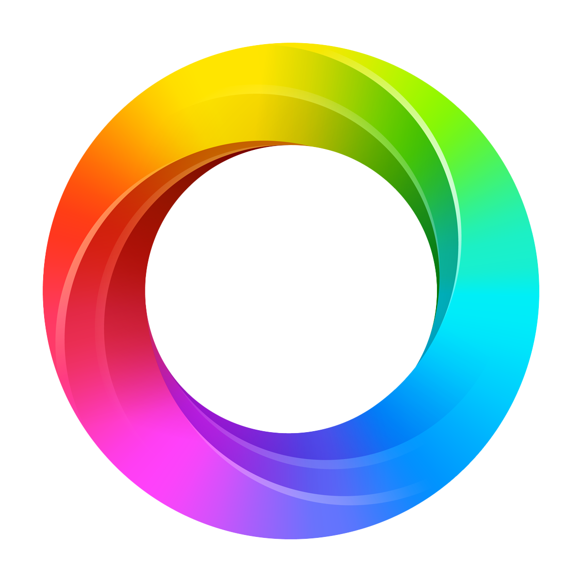 A circular, swirling ring with a smooth gradient of rainbow colors, transitioning from red, orange, yellow, green, cyan, blue to magenta, on a white background.