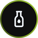 A simple white icon of a bottle with a drop symbol in the center, displayed on a black circular background with a green outline.