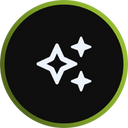 A black circle with a green border containing three white sparkling star icons of varying sizes in the center.