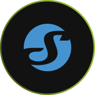 A circular logo with a black background and a thin green border, featuring a stylized blue S shape in the center.
