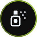 A simple icon of a spray bottle with sparkles beside it, symbolizing cleaning or sanitizing, on a black circular background with a green border.