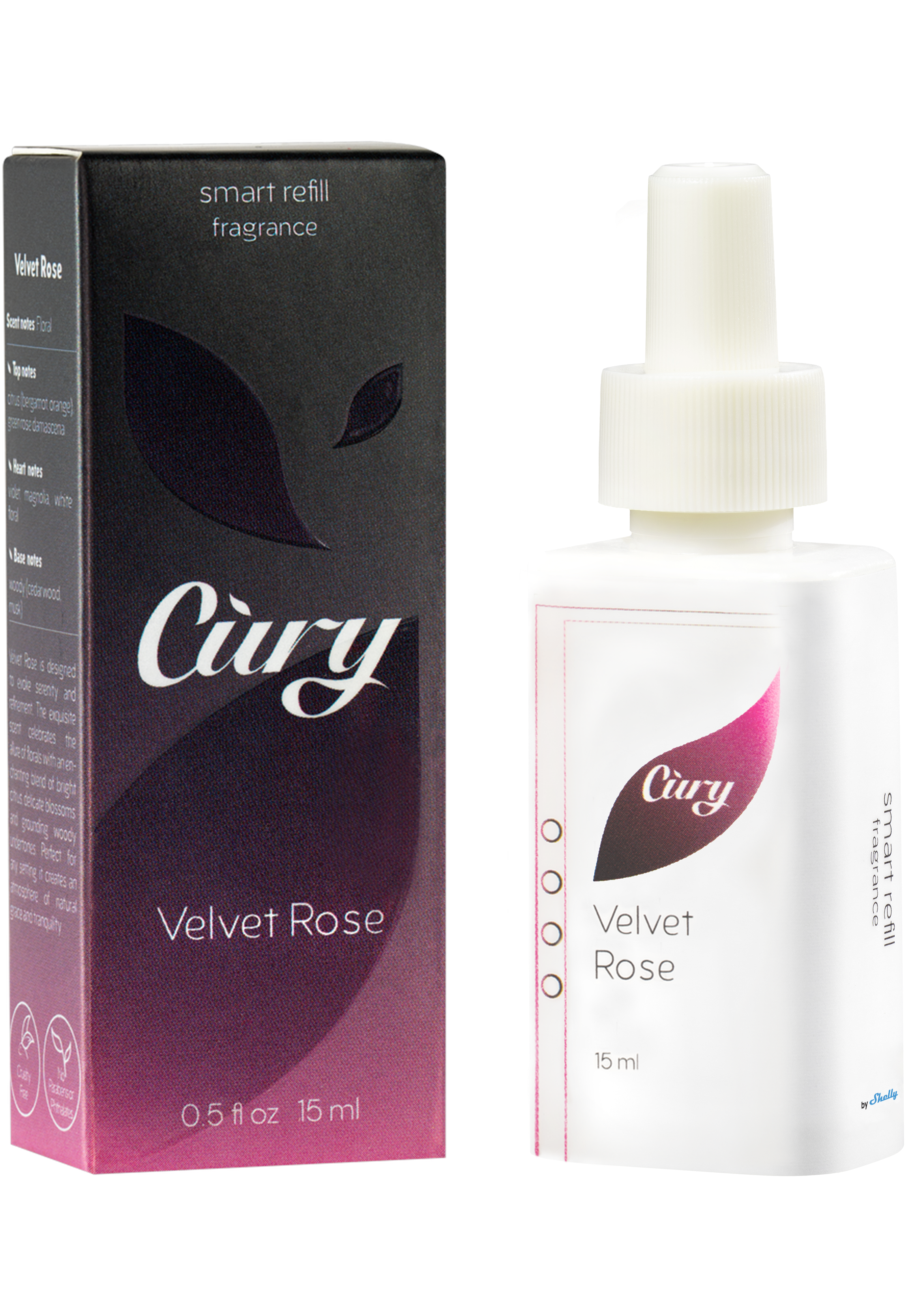 A 15ml bottle of Cury Velvet Rose smart refill fragrance stands next to its black and pink packaging, which features a leaf design and product information.
