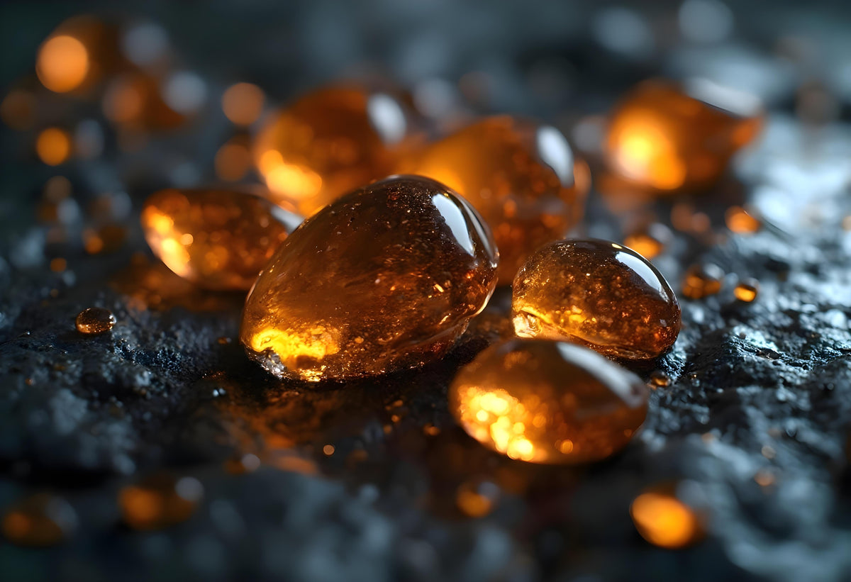 Smooth, rounded amber stones with a warm golden glow rest on a dark, textured surface, reflecting light and highlighting their translucent, glossy appearance.