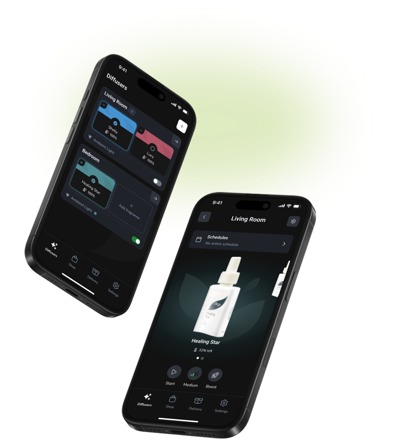 Two smartphones display a home fragrance diffuser app interface, showing options to control scent strength and device status for the living room. The background is white with a soft green gradient.