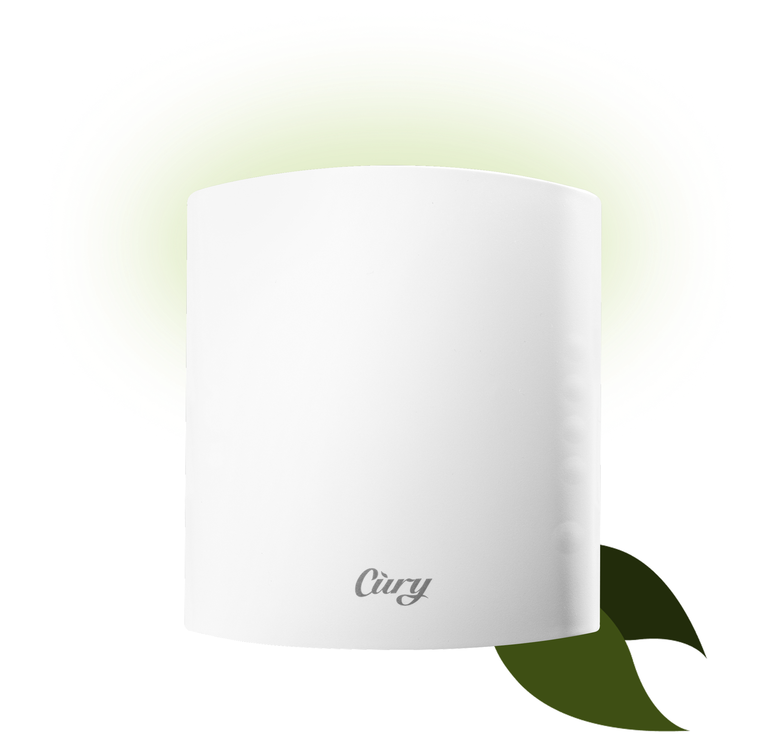 A minimalist white air purifier with the brand name Cüry on the front, emitting a soft green glow at the top, and a stylized green leaf in the background, suggesting eco-friendliness.
