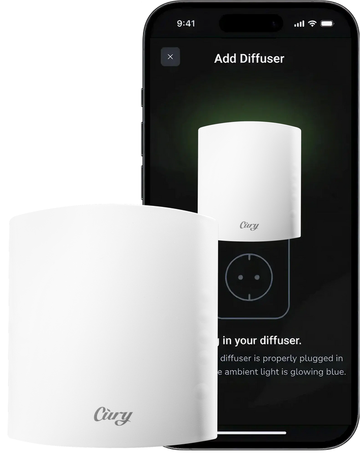 A white Ciry diffuser is shown in front of a smartphone screen displaying instructions to add the diffuser to an app. The screen shows an image of the diffuser and text directions.