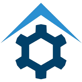 A dark blue gear with six teeth sits below a light blue chevron-shaped arrow pointing upwards, set against a light gray background.