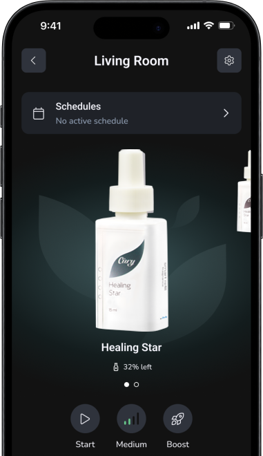 A smartphone screen displays a home fragrance app showing a Healing Star scent with 32% left. Options for Start, Medium, and Boost are at the bottom. The top shows Living Room and No active schedule.