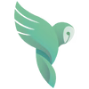 Minimalist illustration of a stylized green and teal owl in flight, with smooth lines and an abstract, modern design on a light gray background.