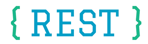 The word REST in large blue capital letters is centered between green curly braces on a light background.