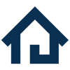 A simple, dark blue house icon with a stylized design, featuring a pointed roof and a spiral-like element forming the lower part of the house on a light background.