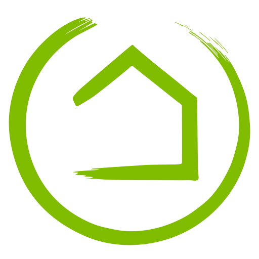 A green, brushstroke-style circle surrounds a simple, angular outline of a house, also in green, on a light gray background.